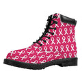 White And Pink Breast Cancer Print Padded Collar Lace Up Boots