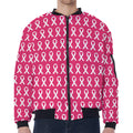 White And Pink Breast Cancer Print Zip Sleeve Bomber Jacket