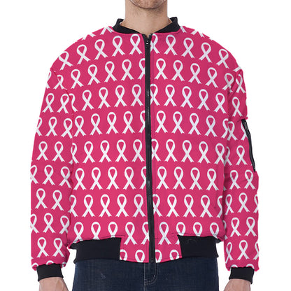 White And Pink Breast Cancer Print Zip Sleeve Bomber Jacket