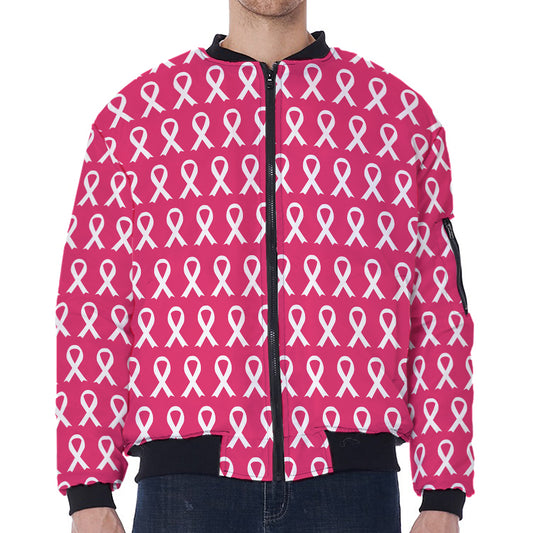 White And Pink Breast Cancer Print Zip Sleeve Bomber Jacket