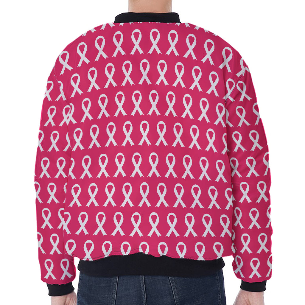White And Pink Breast Cancer Print Zip Sleeve Bomber Jacket