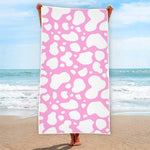 White And Pink Cow Print Beach Towel