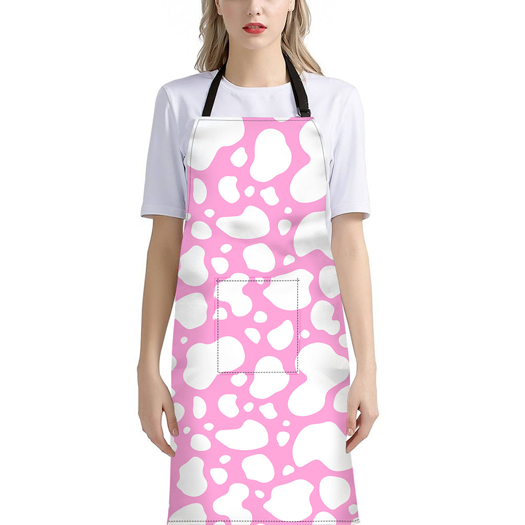 White And Pink Cow Print Bib Apron With Pocket