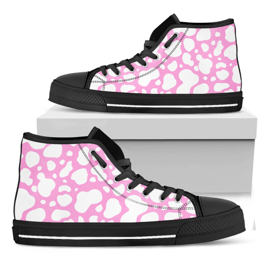White And Pink Cow Print Black High Top Sneakers