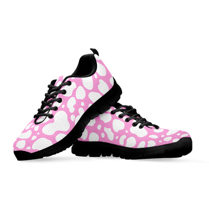 White And Pink Cow Print Black Running Shoes