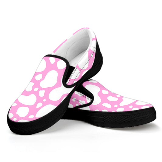 White And Pink Cow Print Black Slip On Sneakers
