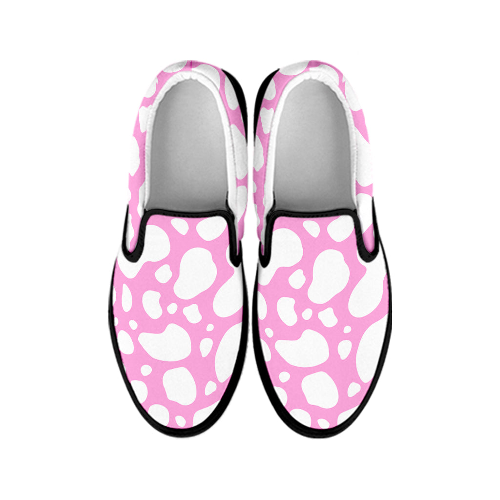 White And Pink Cow Print Black Slip On Sneakers