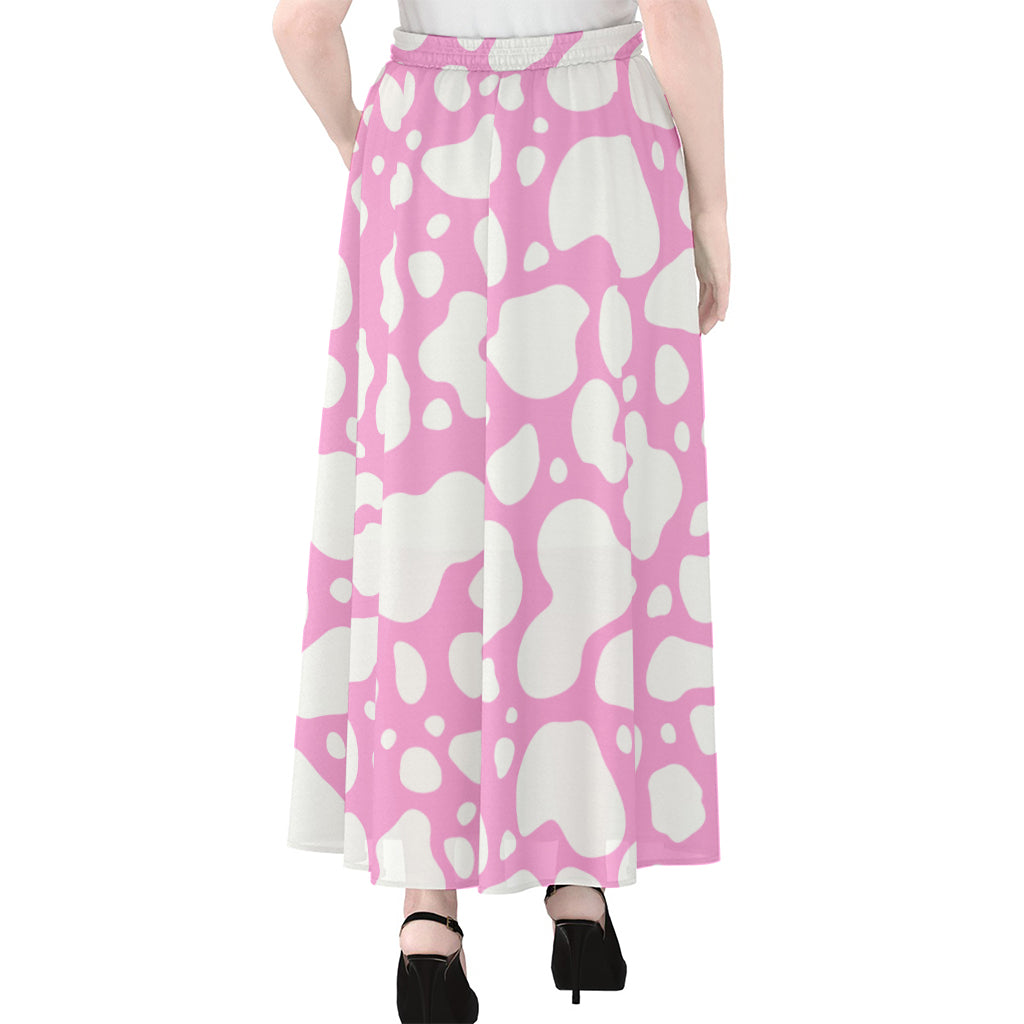 White And Pink Cow Print Chiffon Maxi Skirt