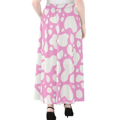 White And Pink Cow Print Chiffon Maxi Skirt