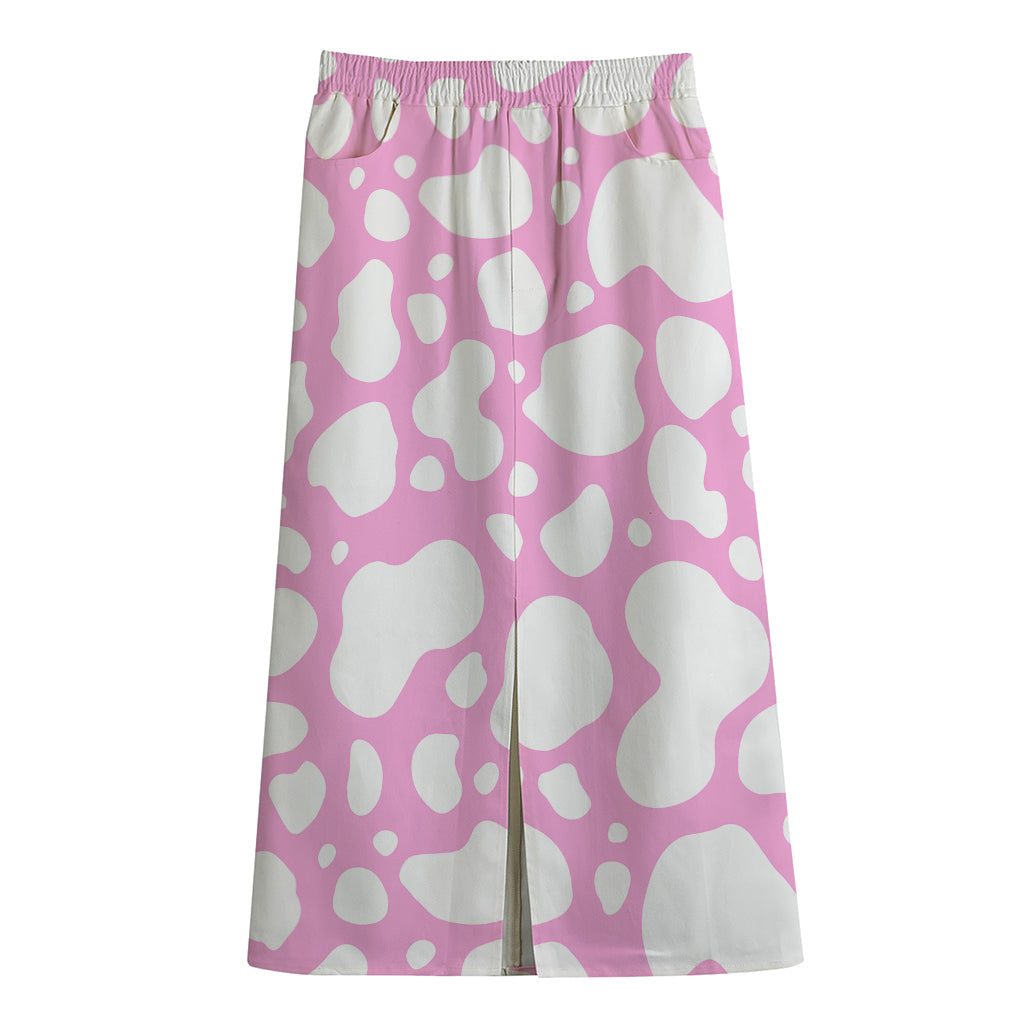 White And Pink Cow Print Cotton Front Slit Maxi Skirt