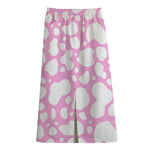 White And Pink Cow Print Cotton Front Slit Maxi Skirt