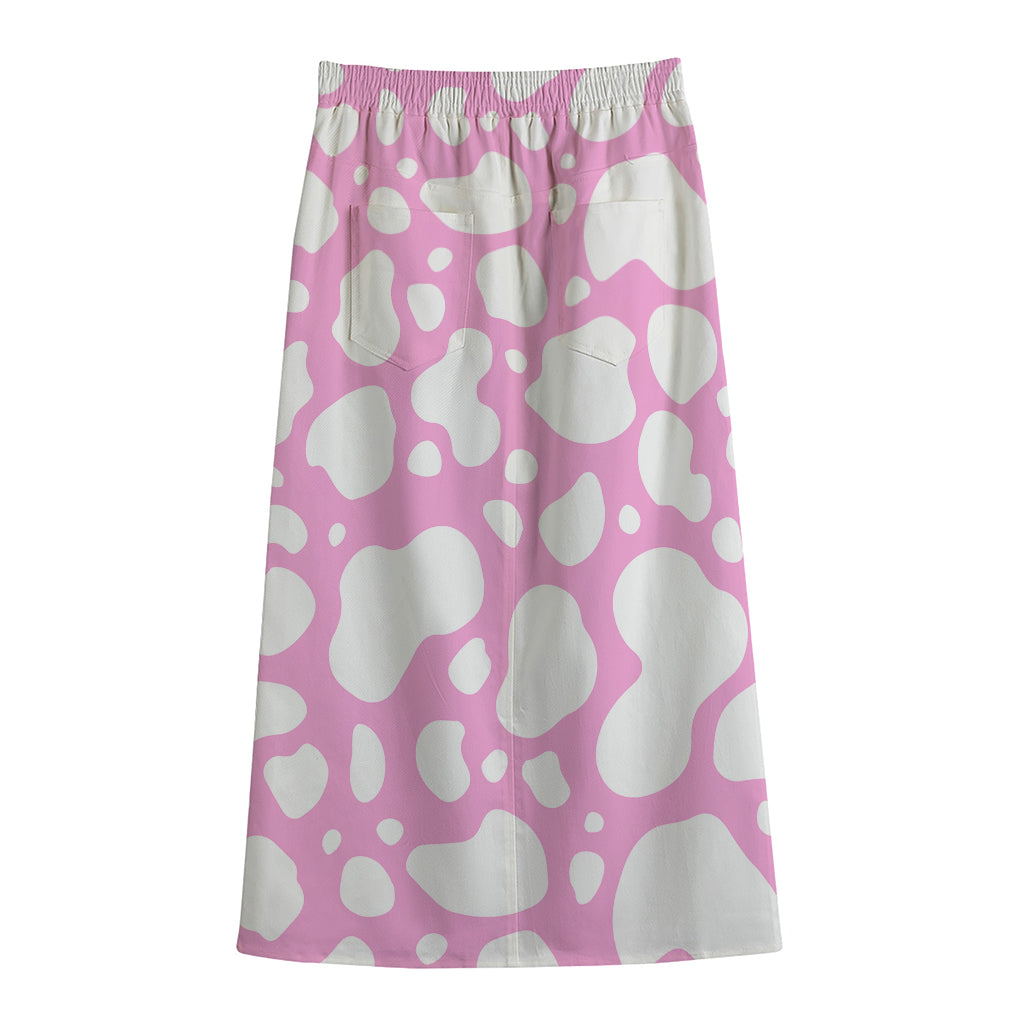 White And Pink Cow Print Cotton Front Slit Maxi Skirt