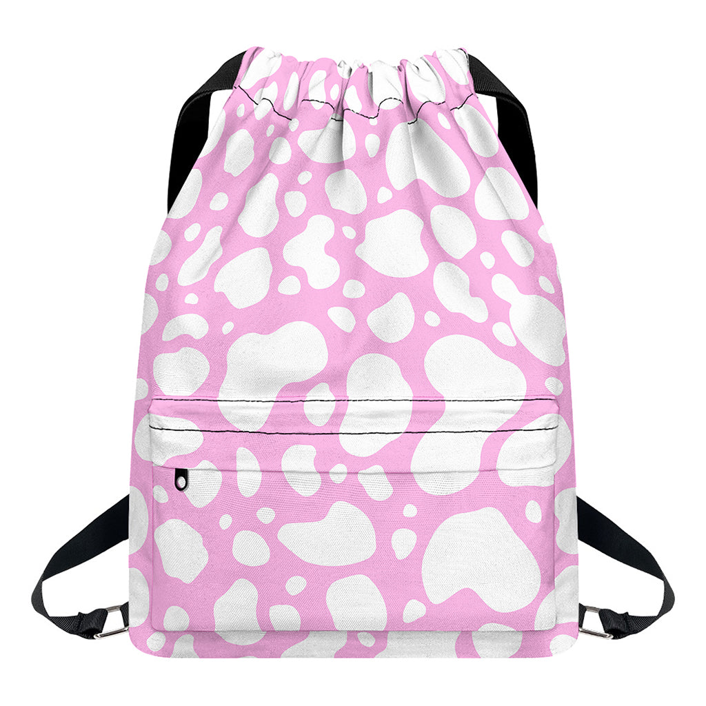 White And Pink Cow Print Drawstring Backpack