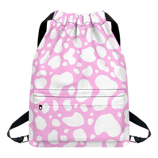 White And Pink Cow Print Drawstring Backpack