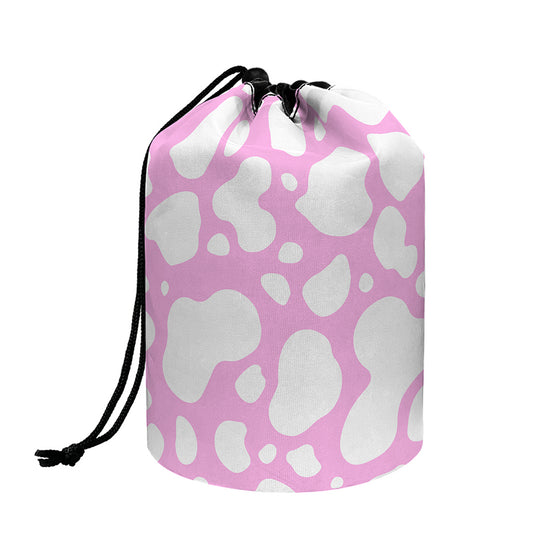 White And Pink Cow Print Drawstring Makeup Bag