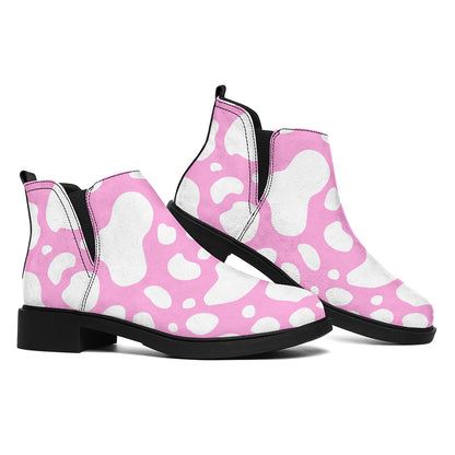 White And Pink Cow Print Flat Ankle Boots