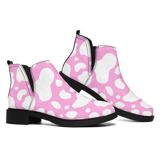 White And Pink Cow Print Flat Ankle Boots
