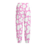 White And Pink Cow Print Fleece Lined Knit Pants
