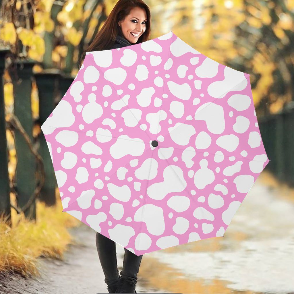 White And Pink Cow Print Foldable Umbrella