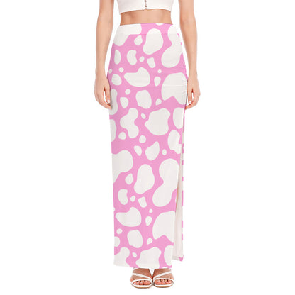 White And Pink Cow Print High Slit Maxi Skirt