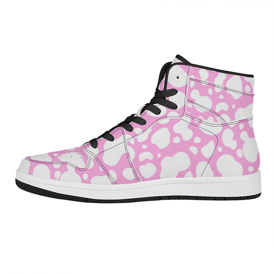 White And Pink Cow Print High Top Leather Sneakers