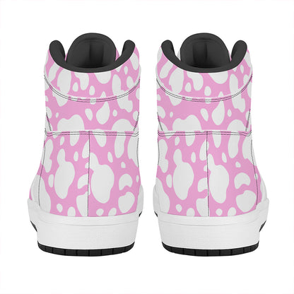 White And Pink Cow Print High Top Leather Sneakers