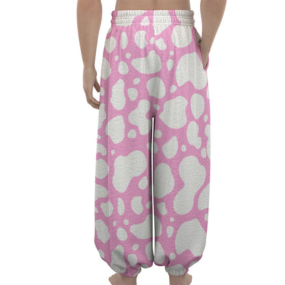 White And Pink Cow Print Lantern Pants