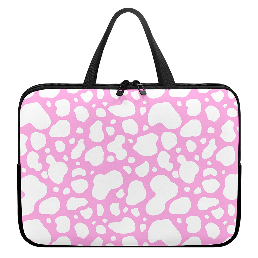 White And Pink Cow Print Laptop Sleeve With Handle