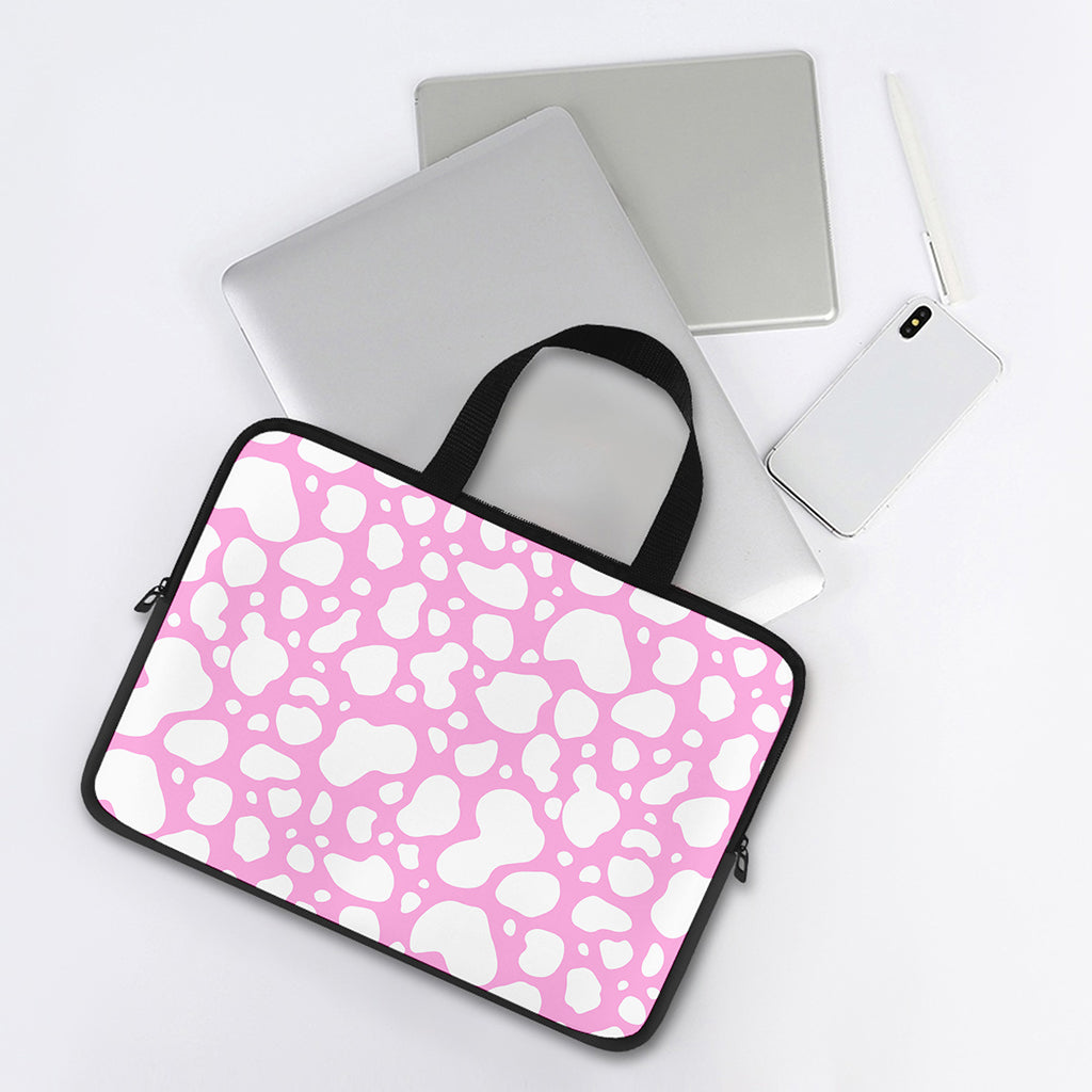 White And Pink Cow Print Laptop Sleeve With Handle