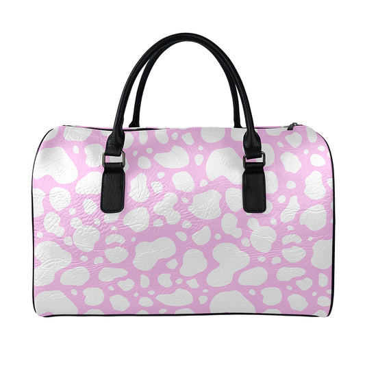 White And Pink Cow Print Leather Duffle Bag
