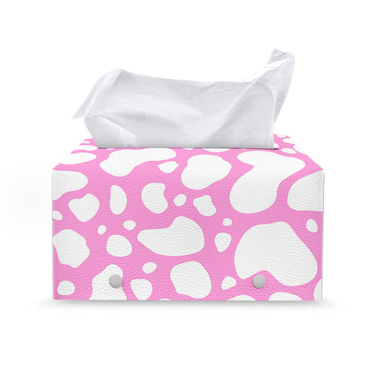 White And Pink Cow Print Leather Tissue Box Cover