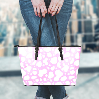 White And Pink Cow Print Leather Tote Bag