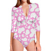 White And Pink Cow Print Long Sleeve Swimsuit