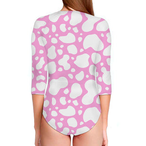 White And Pink Cow Print Long Sleeve Swimsuit