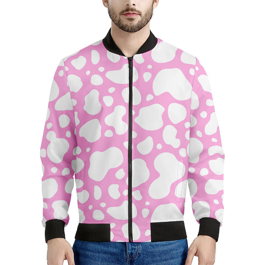 White And Pink Cow Print Men's Bomber Jacket