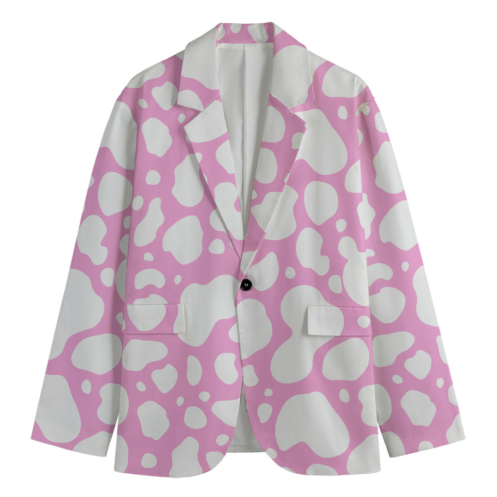 White And Pink Cow Print Men's Cotton Blazer