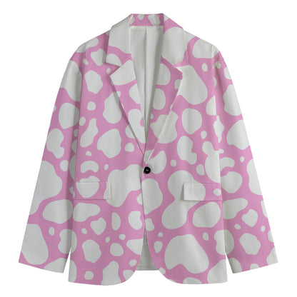 White And Pink Cow Print Men's Cotton Blazer