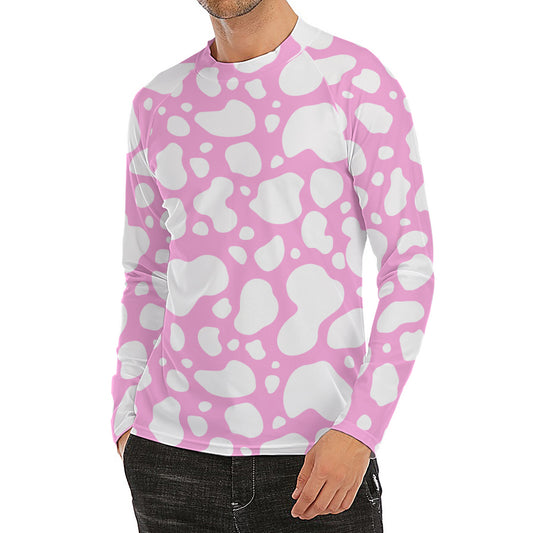 White And Pink Cow Print Men's Long Sleeve Rash Guard