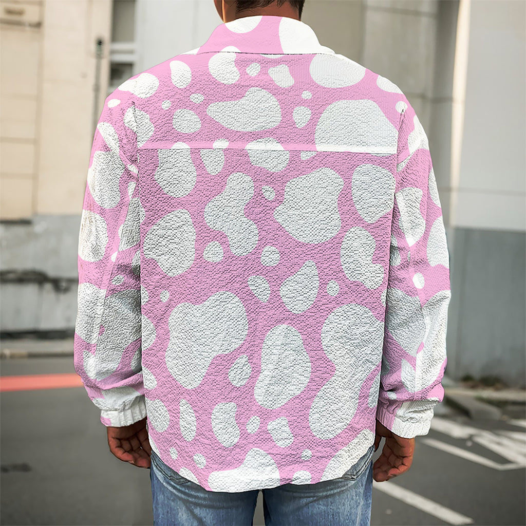 White And Pink Cow Print Men's Shirt Jacket