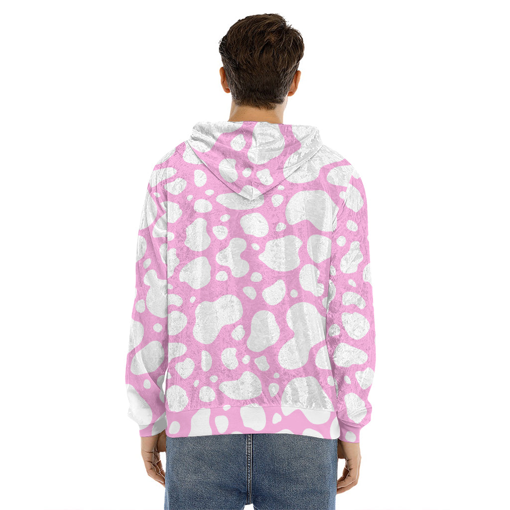 White And Pink Cow Print Men's Velvet Pullover Hoodie