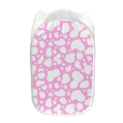 White And Pink Cow Print Mesh Laundry Hamper
