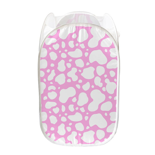 White And Pink Cow Print Mesh Laundry Hamper