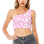 White And Pink Cow Print One Shoulder Crop Top