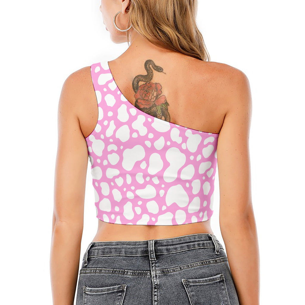 White And Pink Cow Print One Shoulder Crop Top