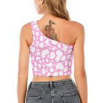 White And Pink Cow Print One Shoulder Crop Top