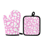 White And Pink Cow Print Oven Mitt And Pot Holder Set