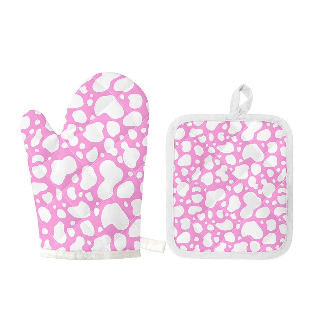 White And Pink Cow Print Oven Mitt And Pot Holder Set