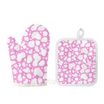 White And Pink Cow Print Oven Mitt And Pot Holder Set