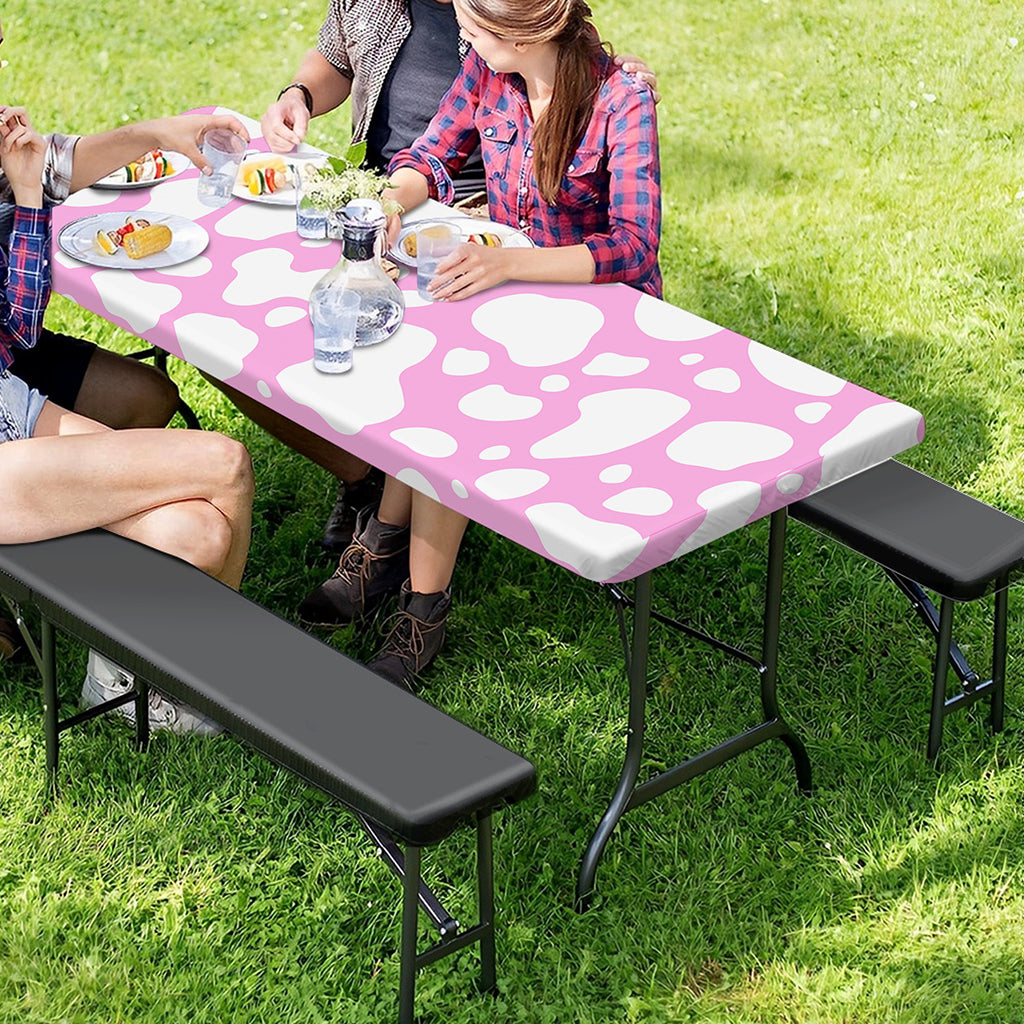 White And Pink Cow Print Picnic Table Cover