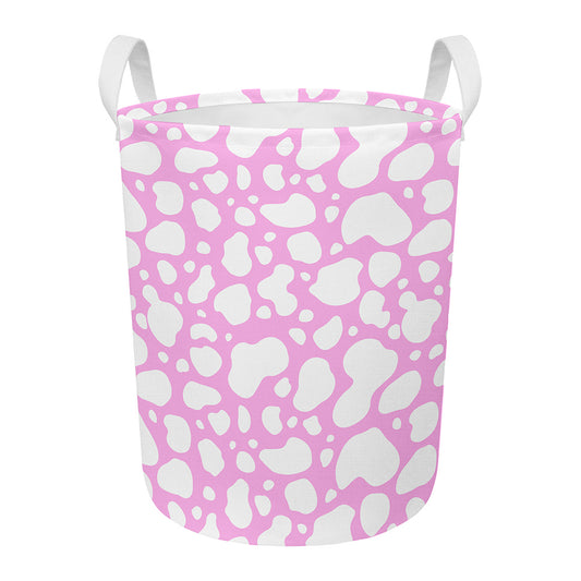 White And Pink Cow Print Round Laundry Basket